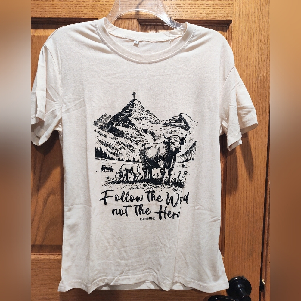 Women's Graphic Christian T-shirt "Follow The Word, Not The Herd", Apricot